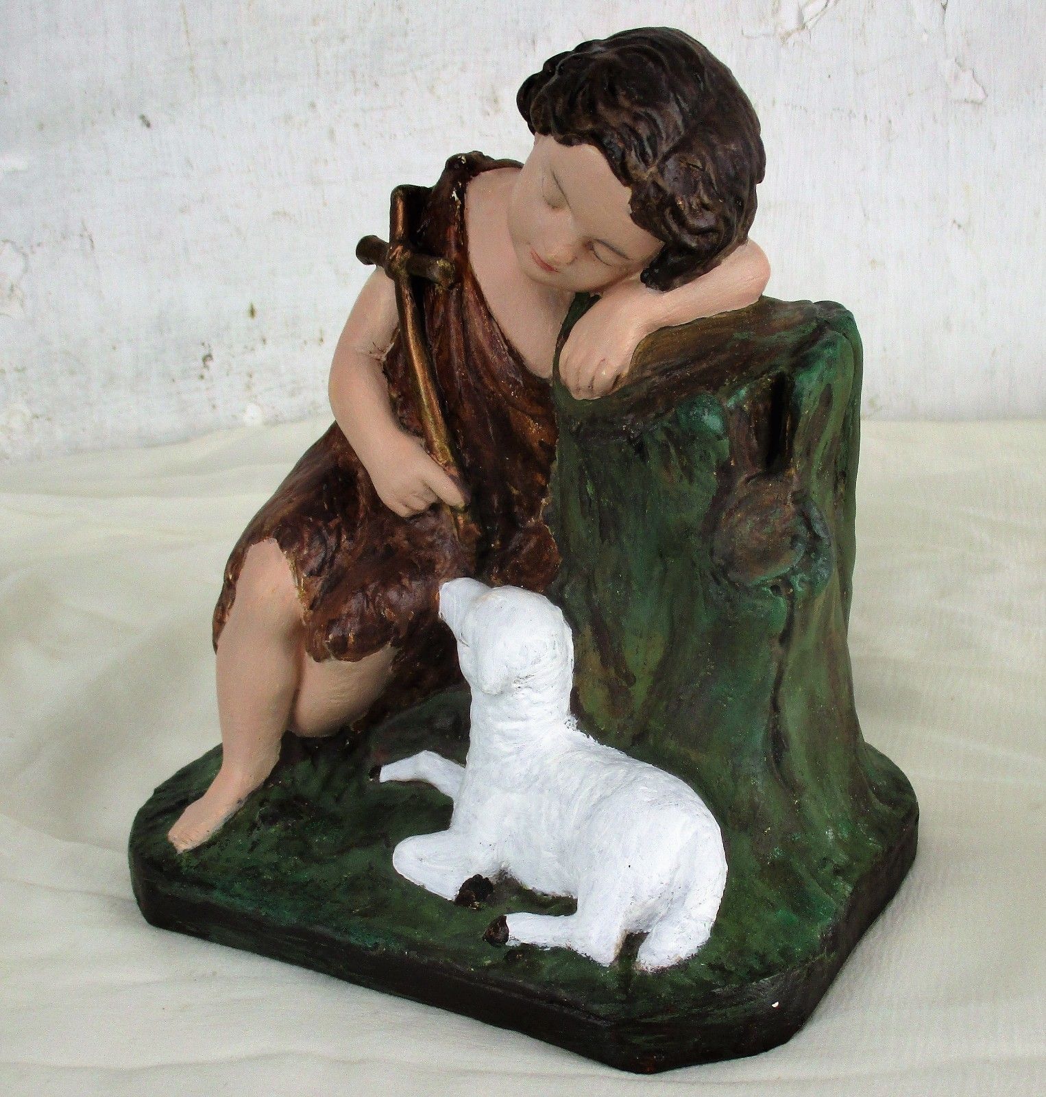 Antique Sweet Statue Saint John The Baptist As  Child With The Lamb Plaster Htf photo vinterior