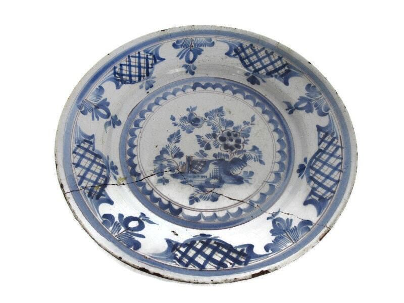 18th Century Delft Wall Hanging Charger Plate Blue White Antique Flower Pattern