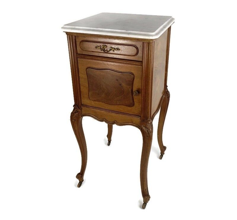 Antique Nightstand End Table Wood Porcelain On Wheels Louis XV Style Bedroom Cab