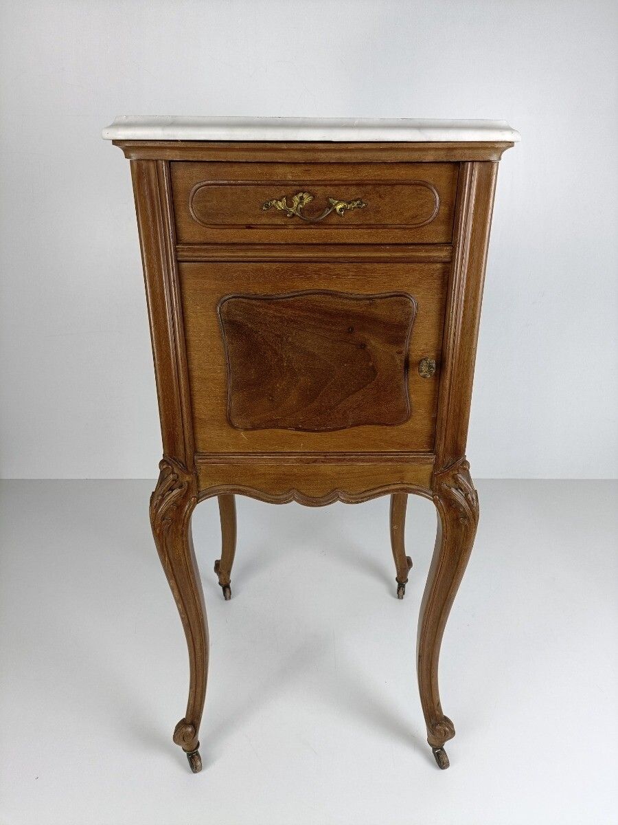 photo for sale Antique Nightstand End Table Wood Porcelain On Wheels Louis XV Style Bedroom Cab