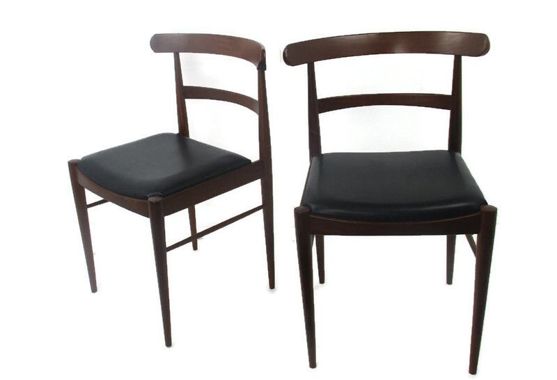 Two Vintage Dining Chairs Scandinavian Modernist Style Teak Faux Leather French