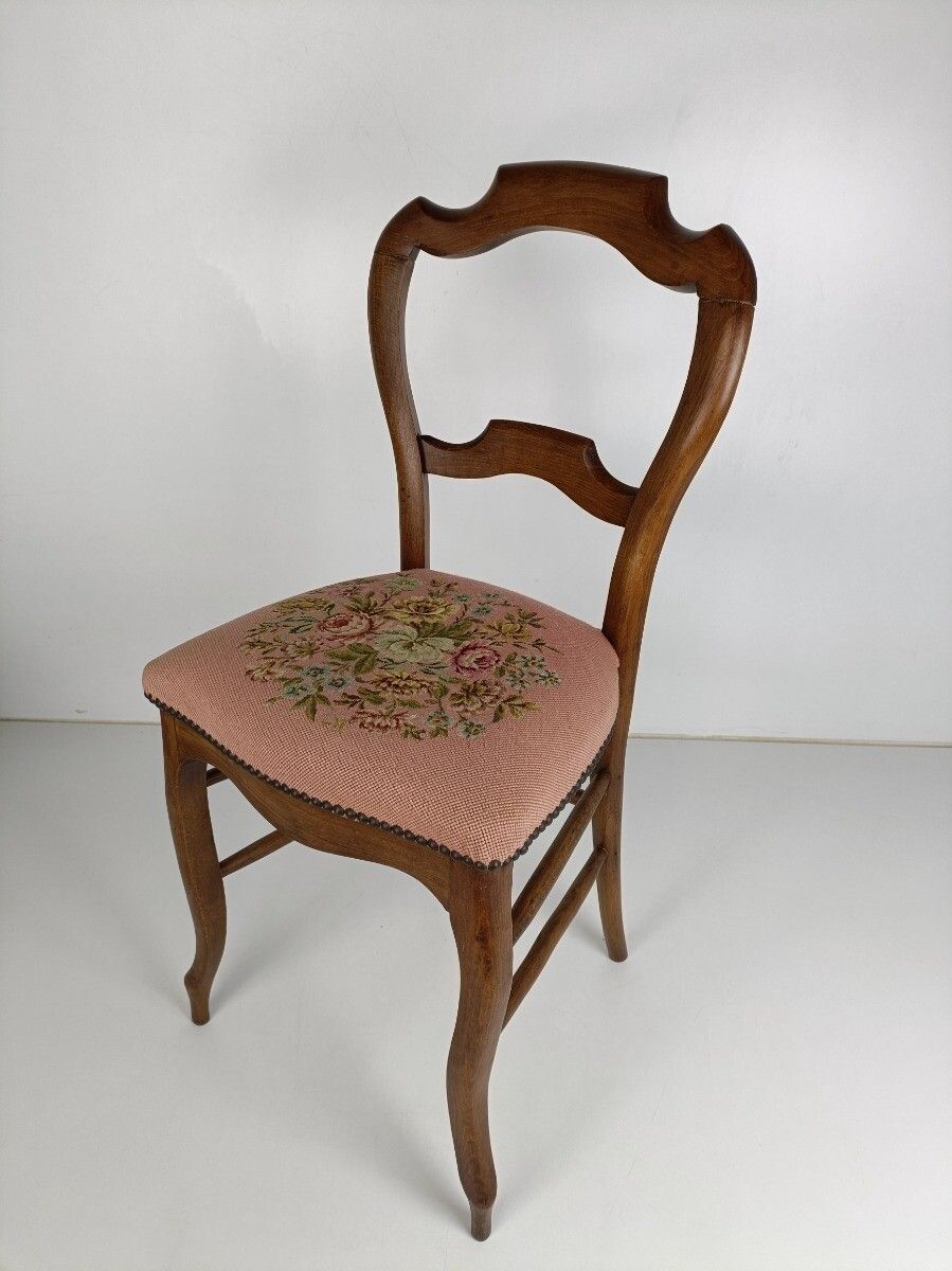 Parlor Chair French Provincial Hobnails Needlepoint  Fabric Ornate Carved Wood V photo furniture