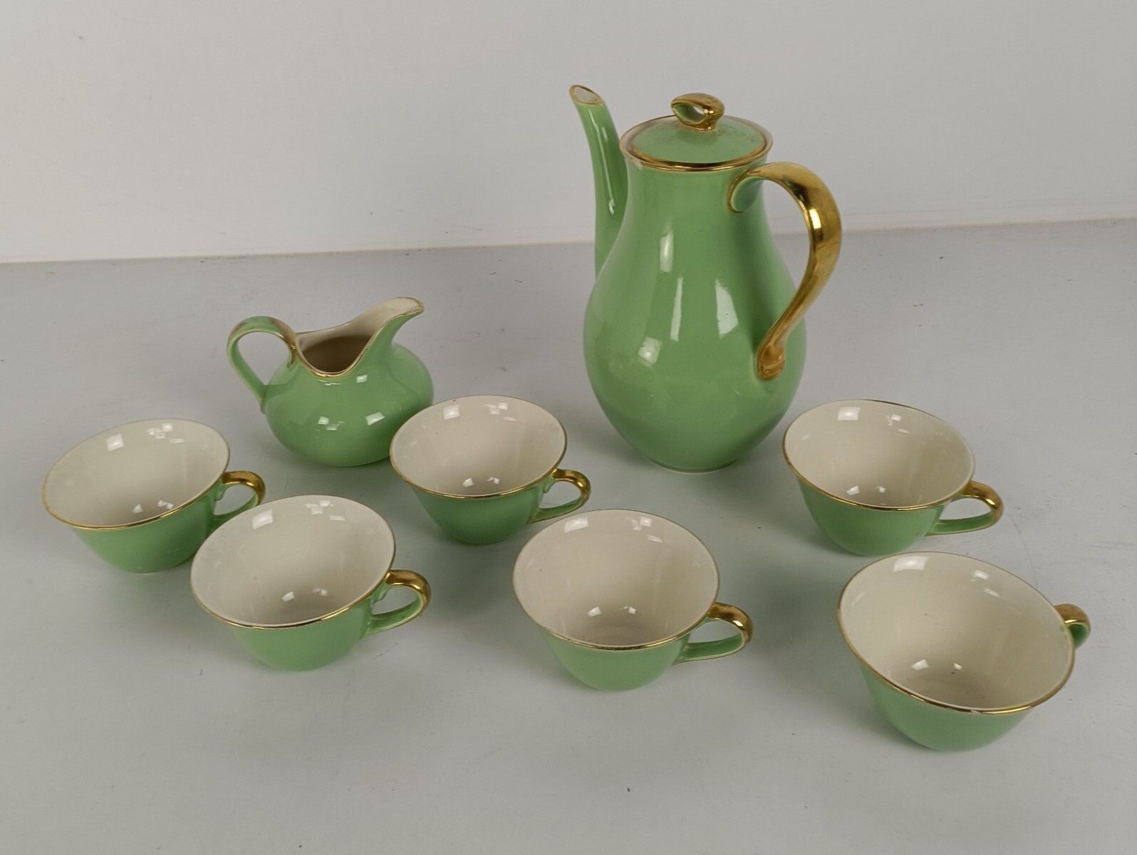Coffee Tea Set  Boch Freres Keralux Belgium Expo 58, Mint Green Gold 24 K Boch S photo furniture