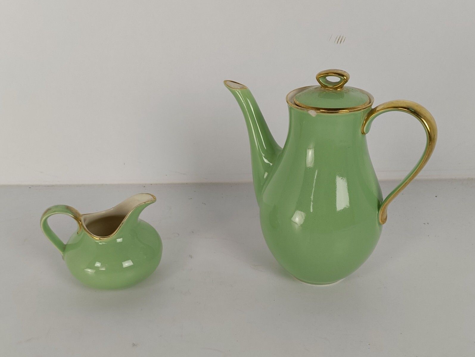 Coffee Tea Set  Boch Freres Keralux Belgium Expo 58, Mint Green Gold 24 K Boch S photo vinterior
