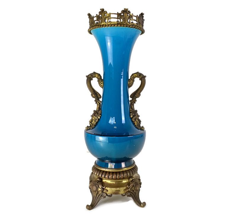 Large J. Massier For Vallauris Blue Ceramic Vase Urn With Bronze Details Gorgeou