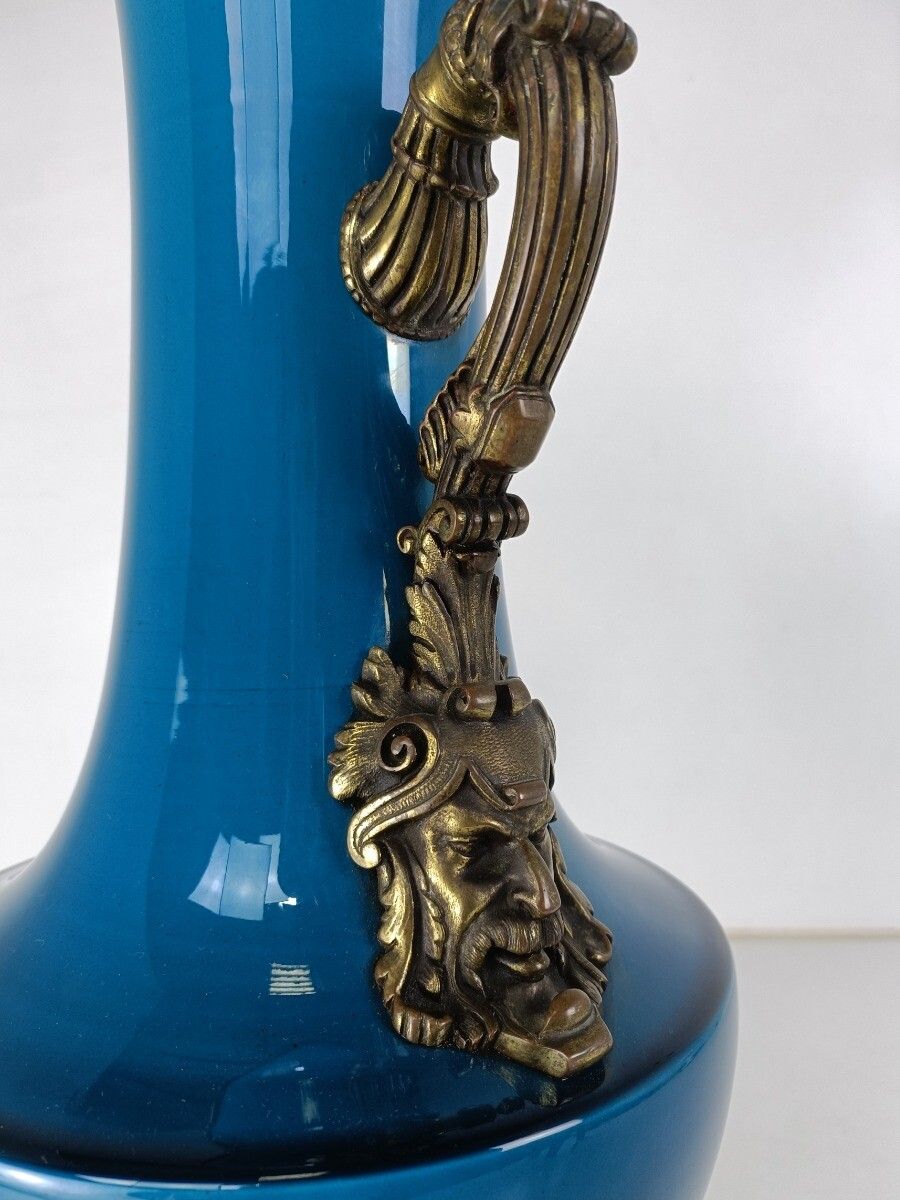 Large J. Massier For Vallauris Blue Ceramic Vase Urn With Bronze Details Gorgeou photo 1415.0