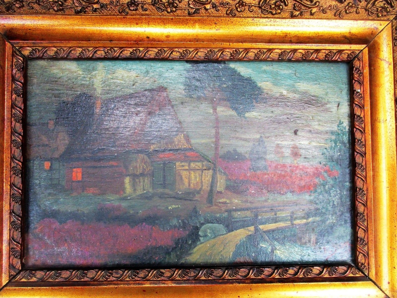 Oil Painting Framed  Expressionist Ferdinant Slock Netherlands Polder Landscape photo furniture