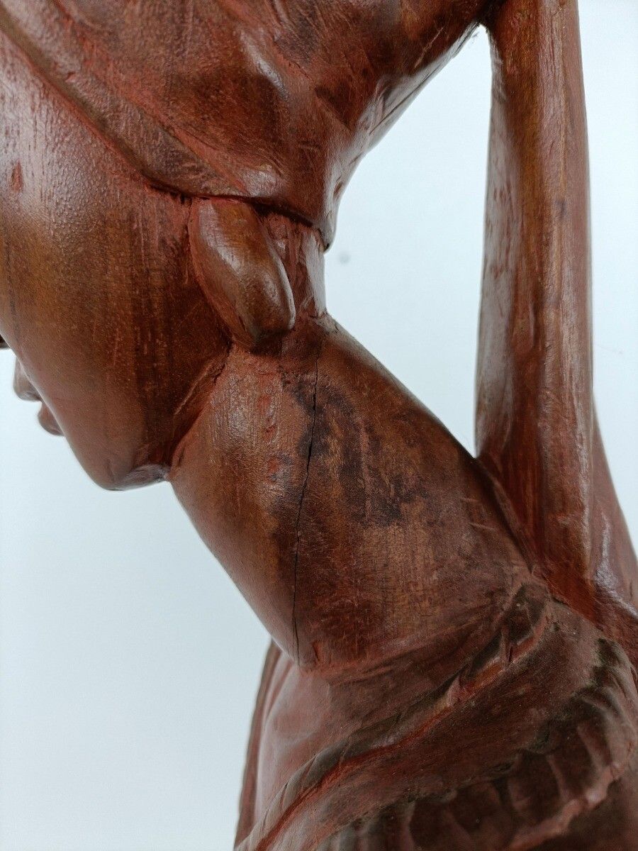 Large Hand Carved Wooden Statue Figurine African Tribal Woman With Baby photo vintage