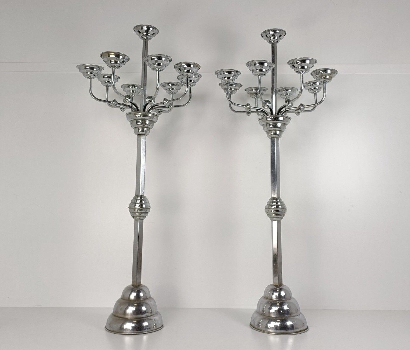 Xxl Art Deco Antique Candelabras Pair Chrome Htf 8 Arm Altar Stunning photo furniture