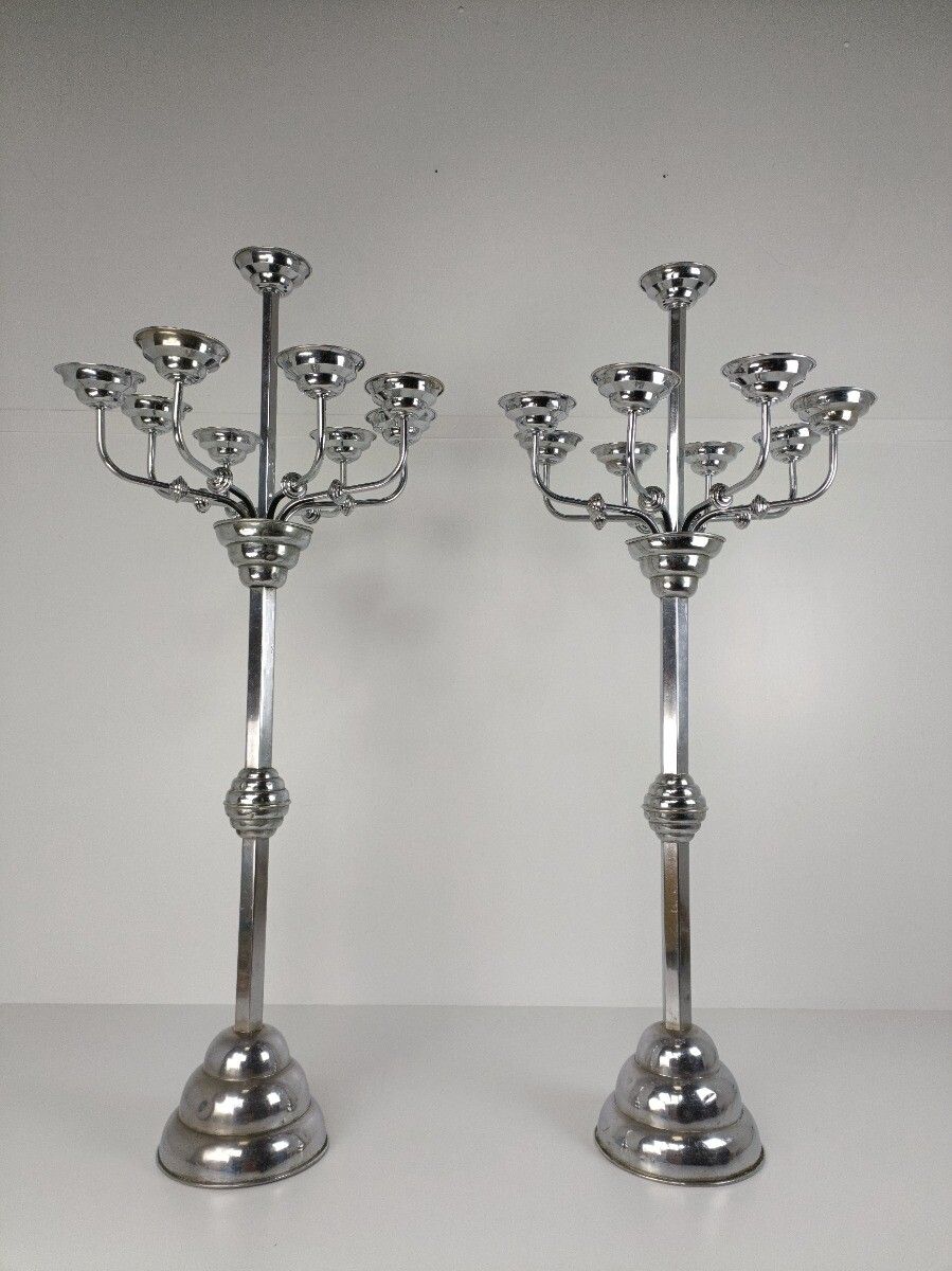 Xxl Art Deco Antique Candelabras Pair Chrome Htf 8 Arm Altar Stunning photo for sale