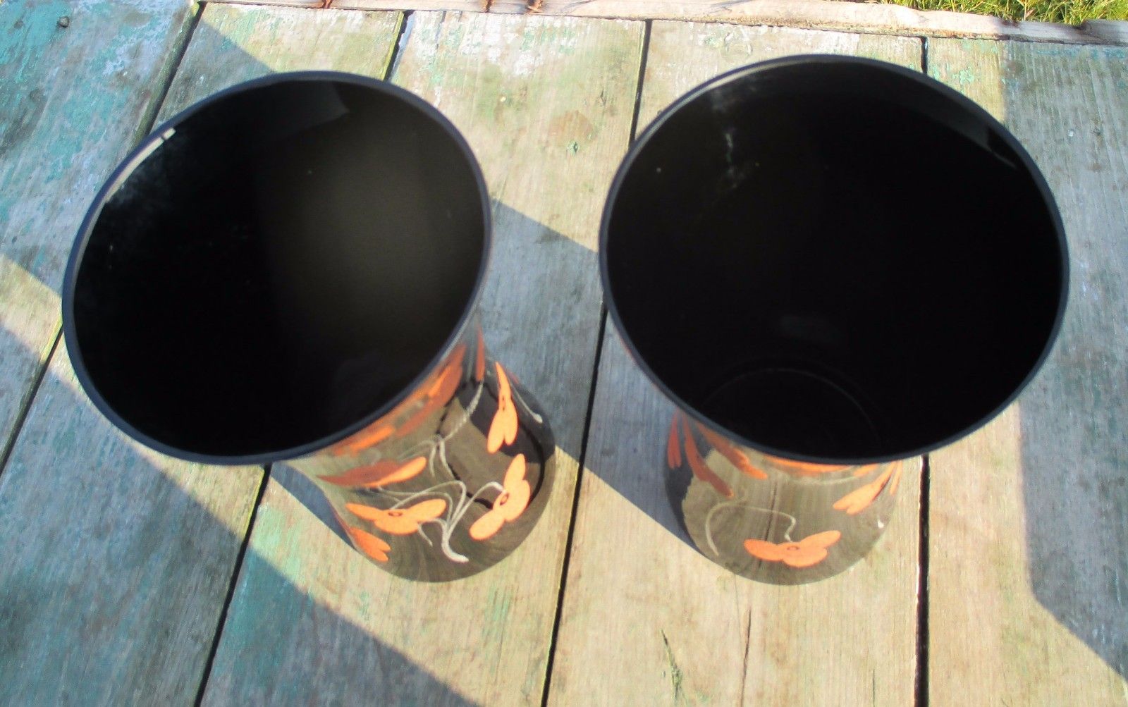 Couple Vintage Black Glass Vases Painted Brown Flowers photo for sale