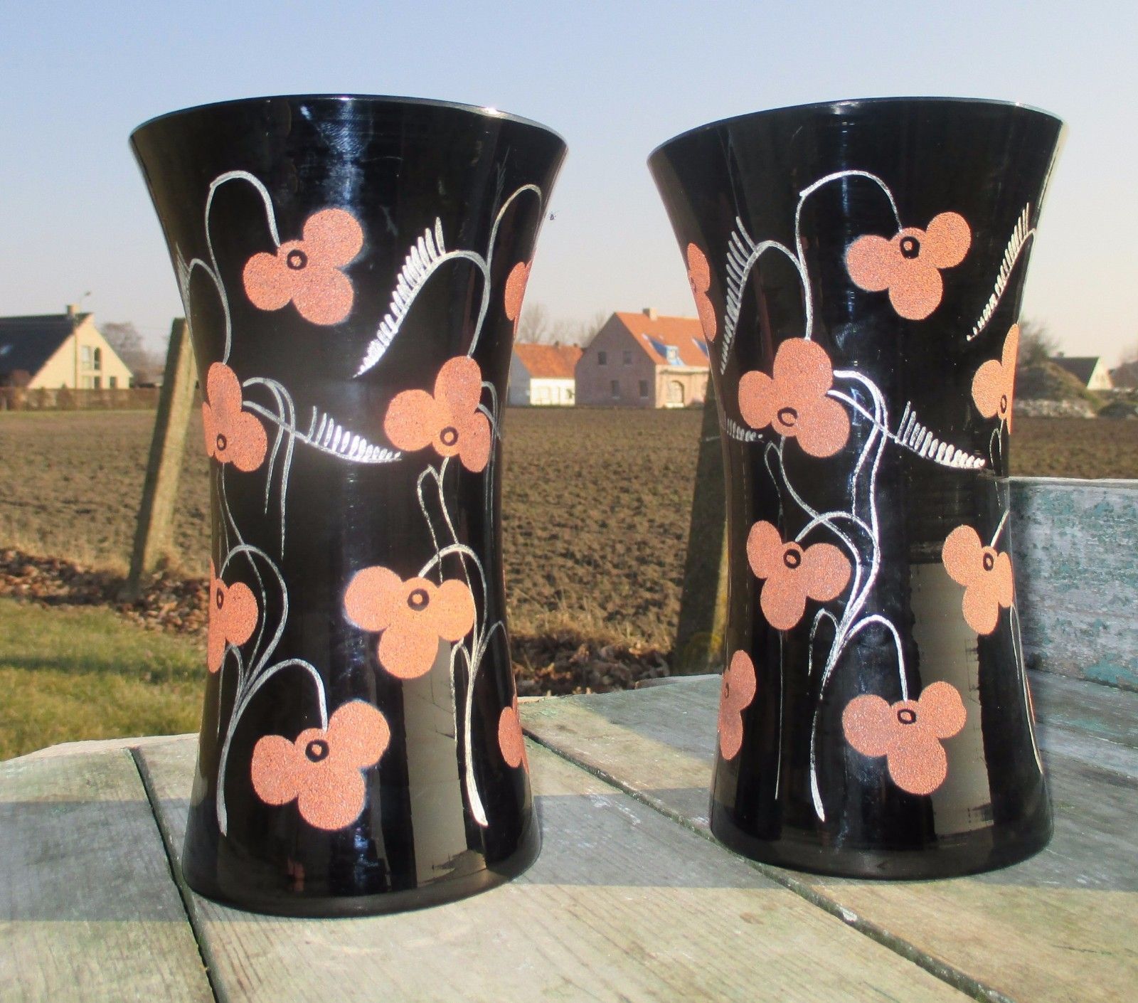 Couple Vintage Black Glass Vases Painted Brown Flowers photo 52.0