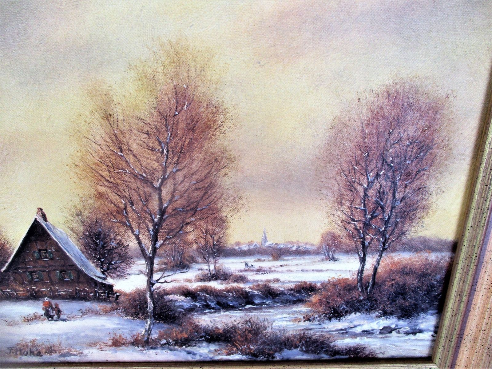 Small Lovely Oil Painting On Canvas Framed Winter Wonderland Signed F Moka photo Art