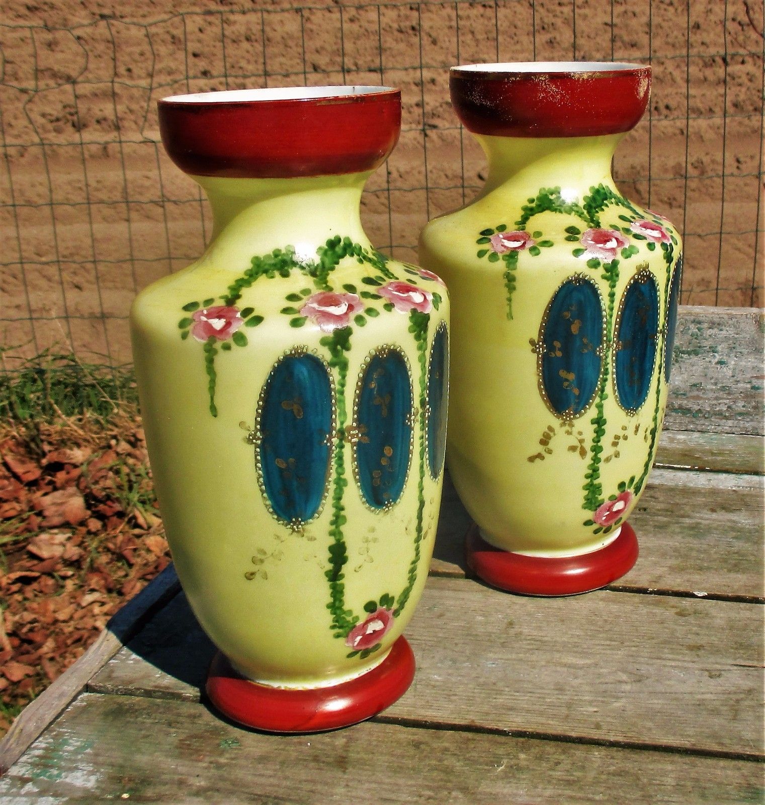 French Opaline Couple Of Vases Hand Painted Enameled Art Deco photo furniture
