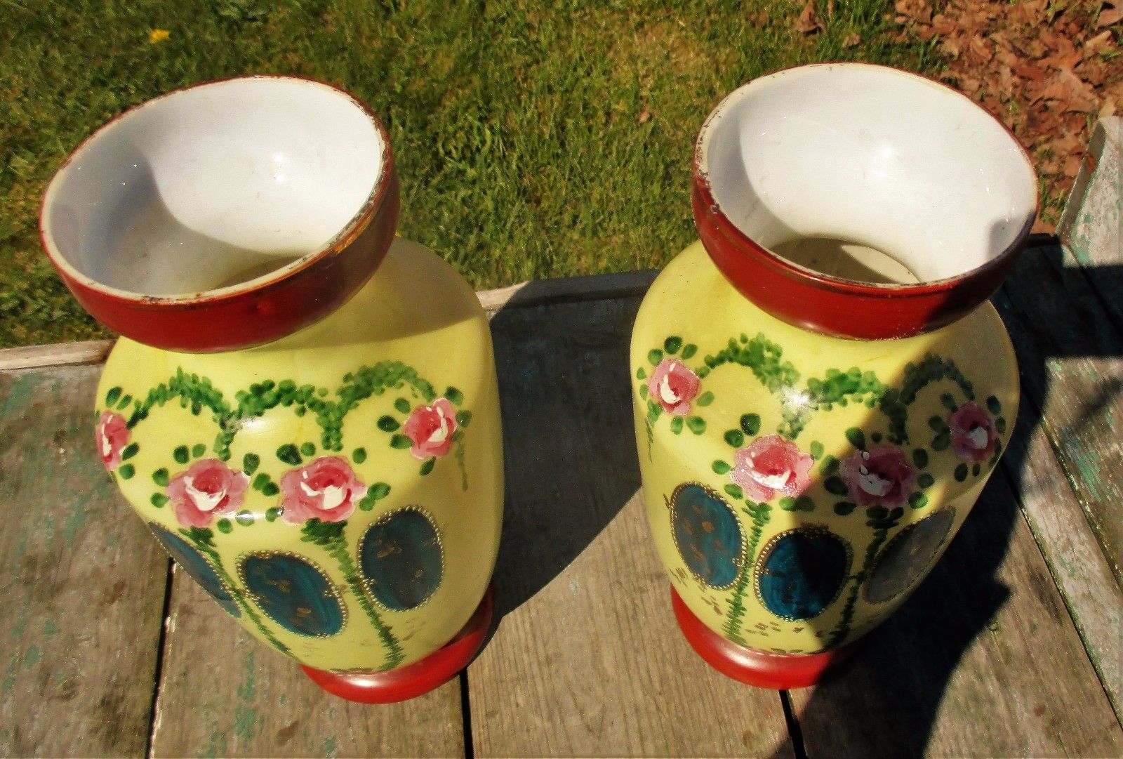French Opaline Couple Of Vases Hand Painted Enameled Art Deco photo buy