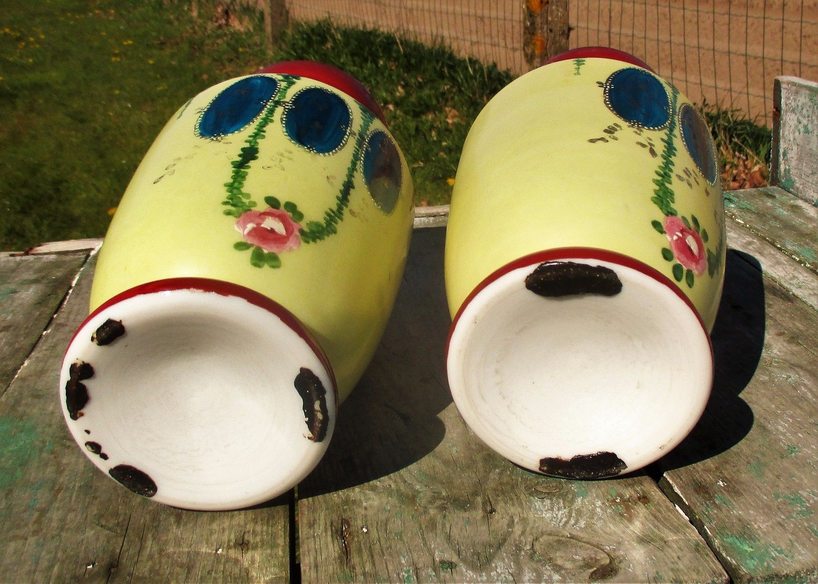 French Opaline Couple Of Vases Hand Painted Enameled Art Deco photo vintage