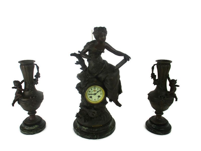 3 Piece Garniture Mantle Set Clock Vases L & F Moreau French  Cherubs Girl Wow