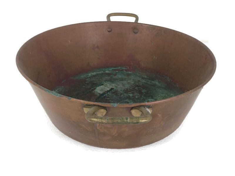Large Antique Hammered Brass Kettle Bowl With Handles Planter Flower Pot Decorat