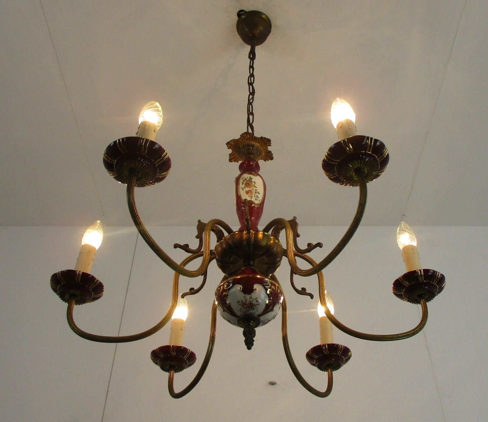 Chandelier 6 Arms Lights Ceramic Porcelain Ceramic  Blue Gold Mid Century Italy photo for sale