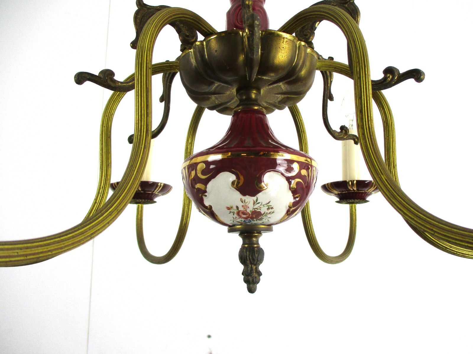 Chandelier 6 Arms Lights Ceramic Porcelain Ceramic  Blue Gold Mid Century Italy photo vinterior