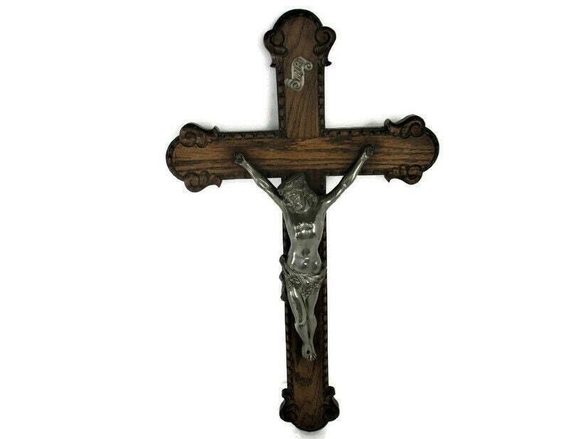 Large Hand Carved Wood Oak Hanging Crucifix Cross Jesus Christ Faux Brass  Corpu