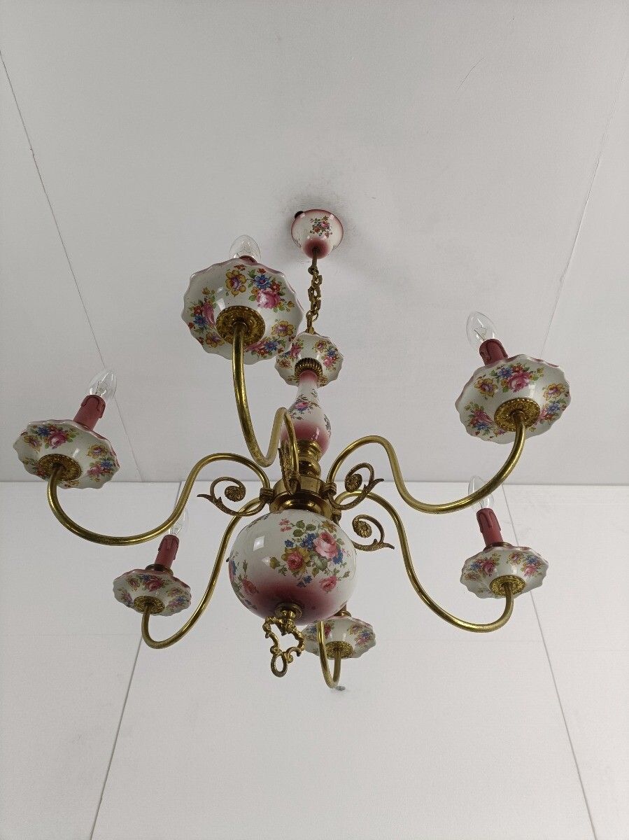 Vintage Porcelain Pink Flower Chandelier 6 Arm 6 Lights Italian Modernist photo 485.0