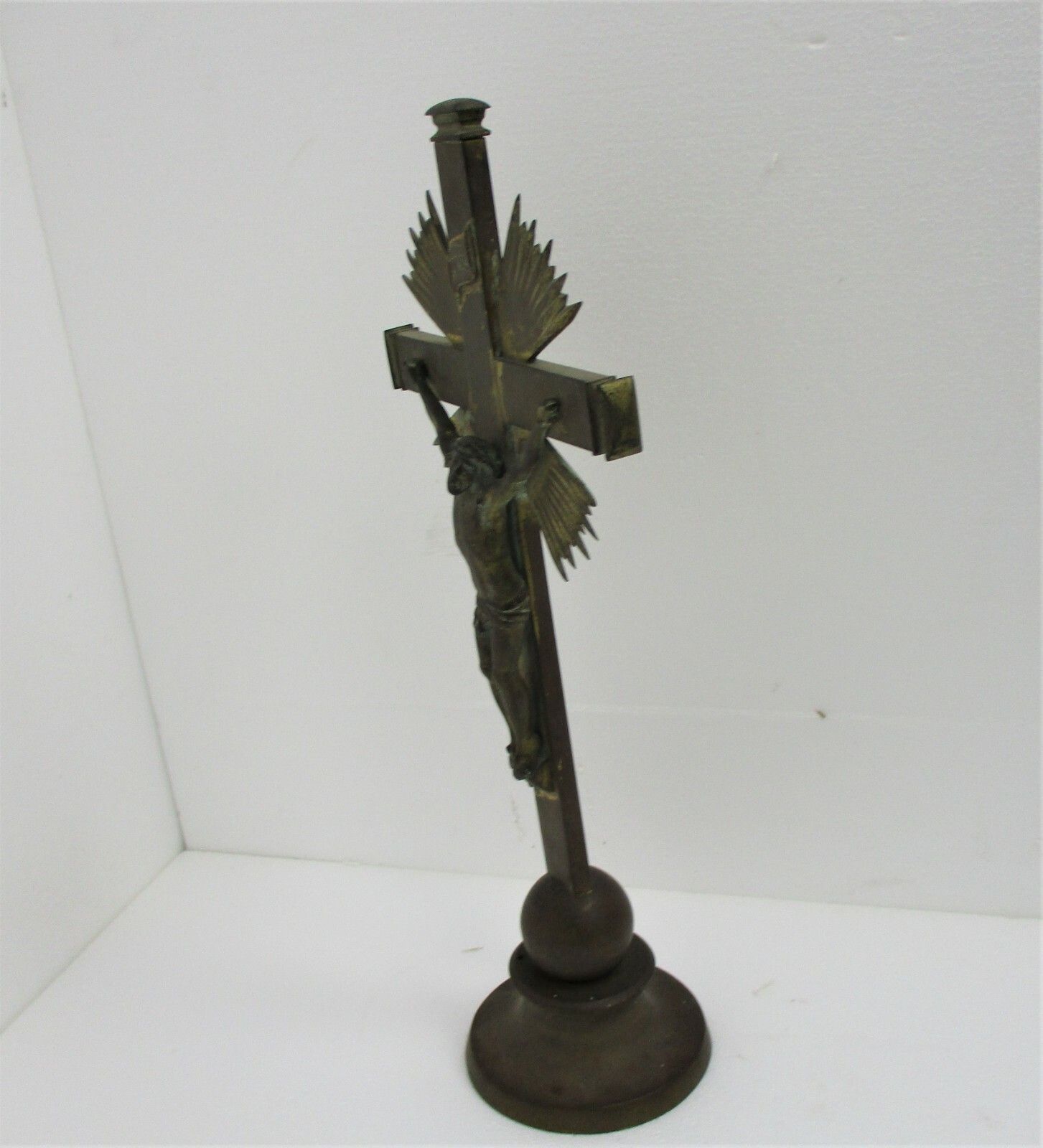 Antique Xl Standing Altar Church Chapel Crucifix Jesus Christ Cross Brass 1800s photo buy
