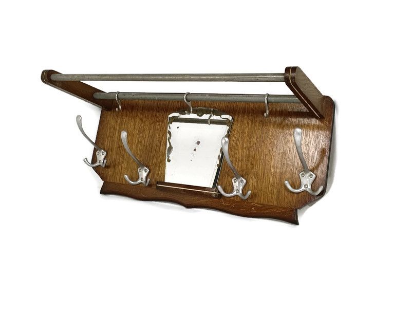 Vintage Wall Coat Rack Mid Century Modern Railroad Industrial Wood Chrome