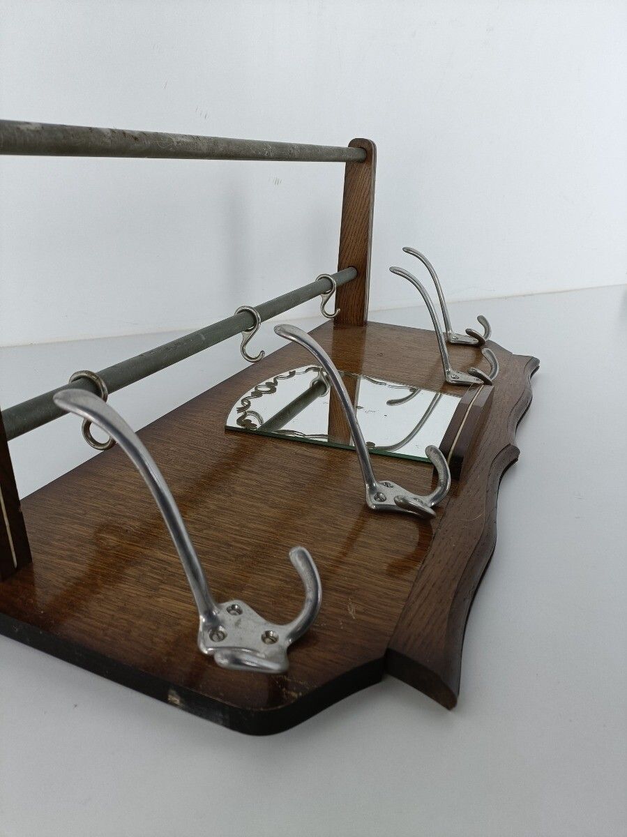 Vintage Wall Coat Rack Mid Century Modern Railroad Industrial Wood Chrome photo 198.0
