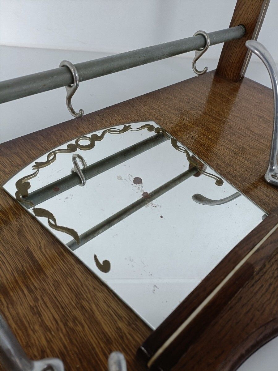Vintage Wall Coat Rack Mid Century Modern Railroad Industrial Wood Chrome photo vinterior