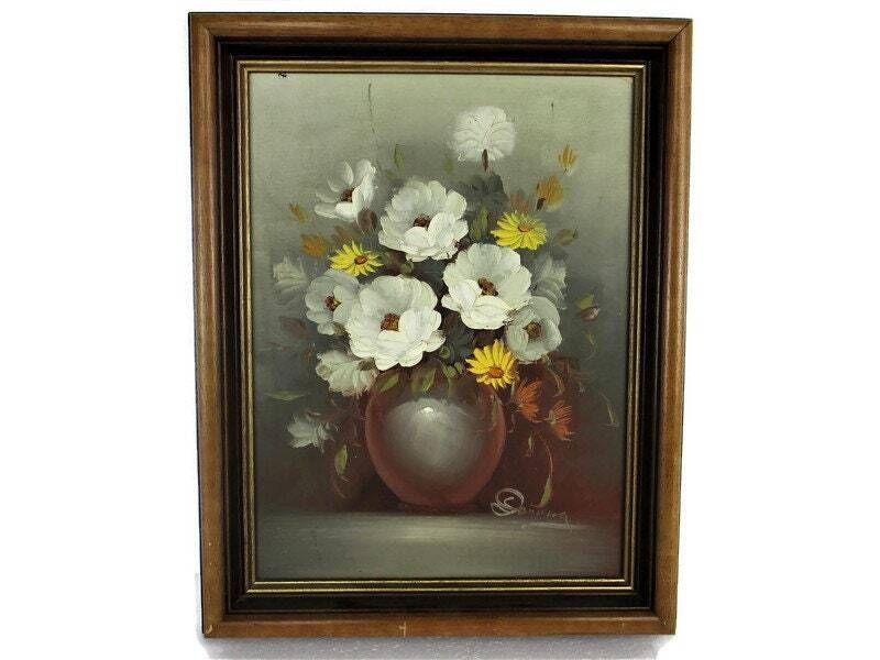 Small Oil Painting On Canvas Framed Still Life  Flowers Vase Floral Signed