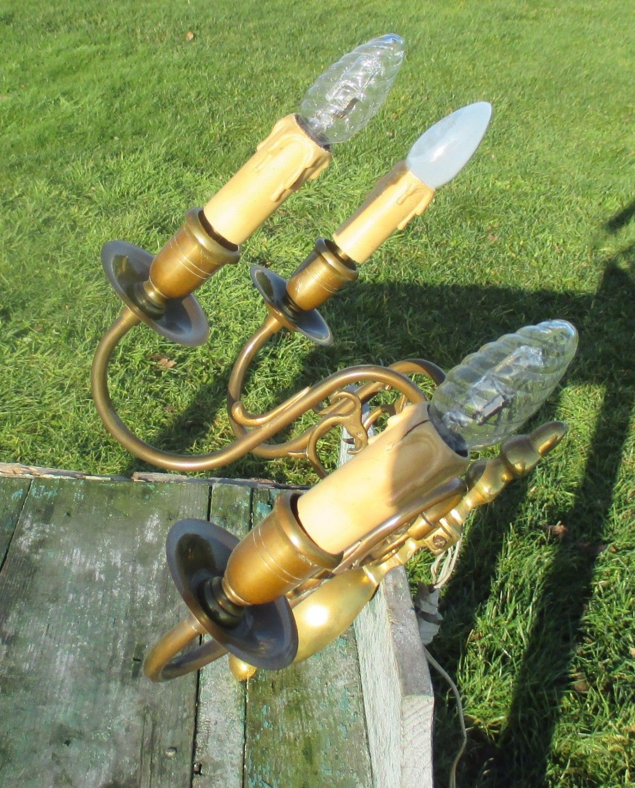 Vintage Beautiful Flemish Brass Three Arm Wall Sconces Sleeves photo furniture