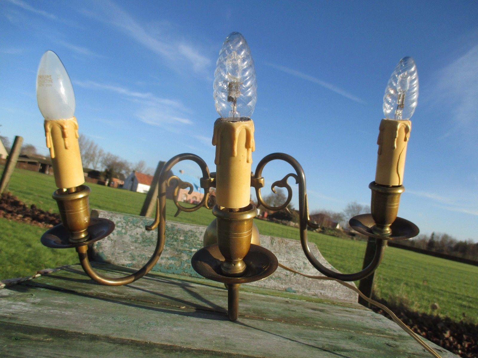 Vintage Beautiful Flemish Brass Three Arm Wall Sconces Sleeves photo vintage