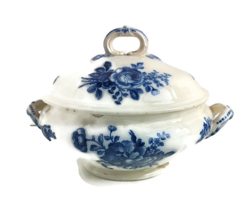 Art Nouveau Antique  Boch Mettlach Blue Rose Germany  Serving Bowl Dish  Soup Tu