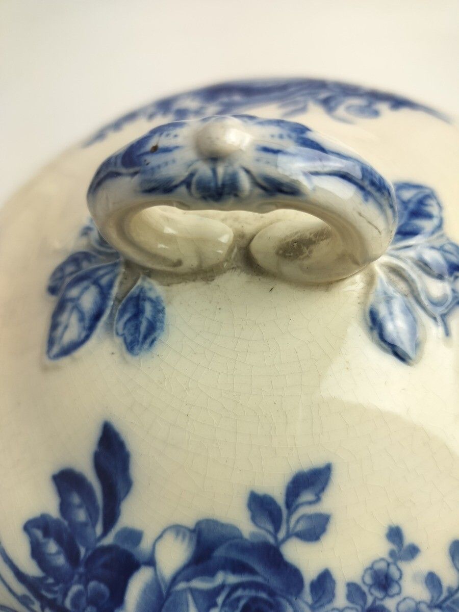 Art Nouveau Antique  Boch Mettlach Blue Rose Germany  Serving Bowl Dish  Soup Tu photo 121.0