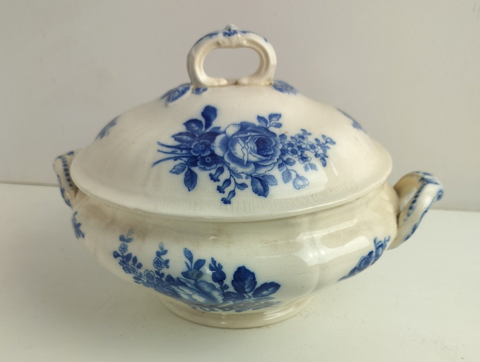 photo furniture Art Nouveau Antique  Boch Mettlach Blue Rose Germany  Serving Bowl Dish  Soup Tu