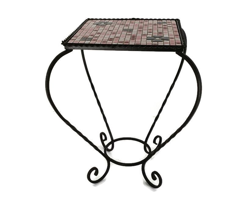 Vintage Small Side Table Plant Stand Mosaic Tiles Checkered Pattern Wrought Iron