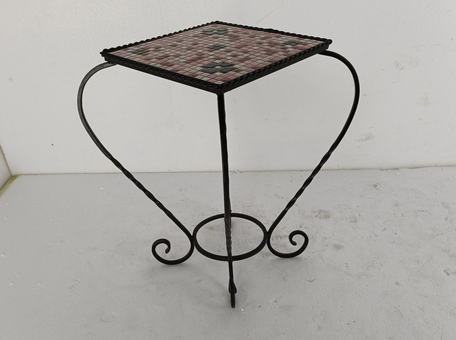 Vintage Small Side Table Plant Stand Mosaic Tiles Checkered Pattern Wrought Iron photo for sale