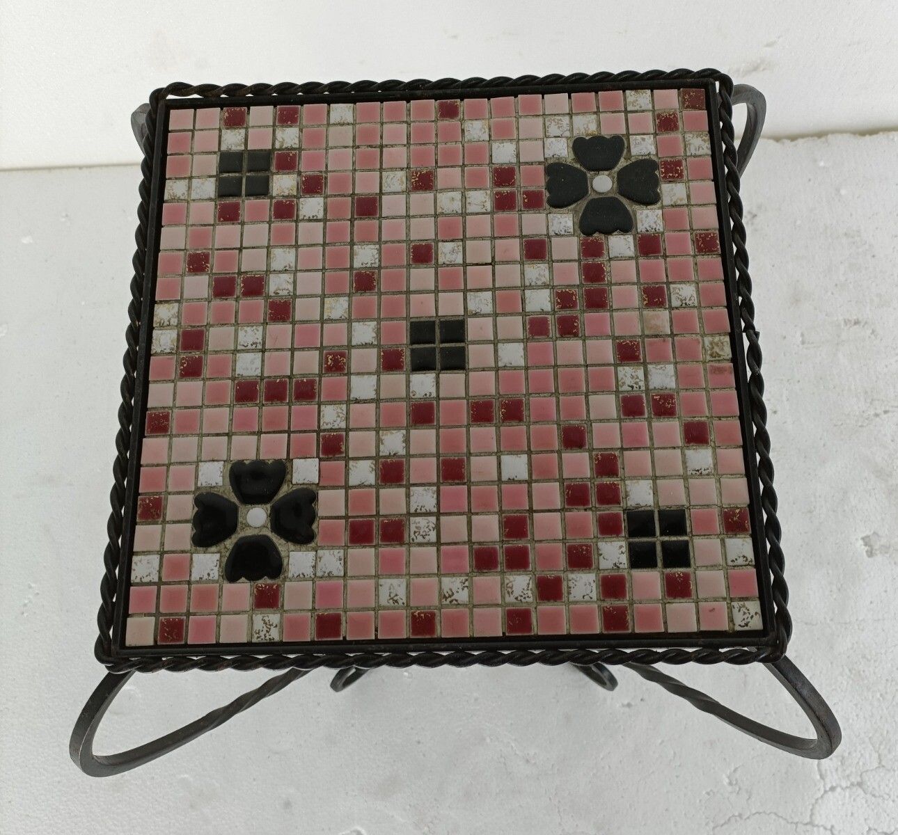 Vintage Small Side Table Plant Stand Mosaic Tiles Checkered Pattern Wrought Iron photo Furniture