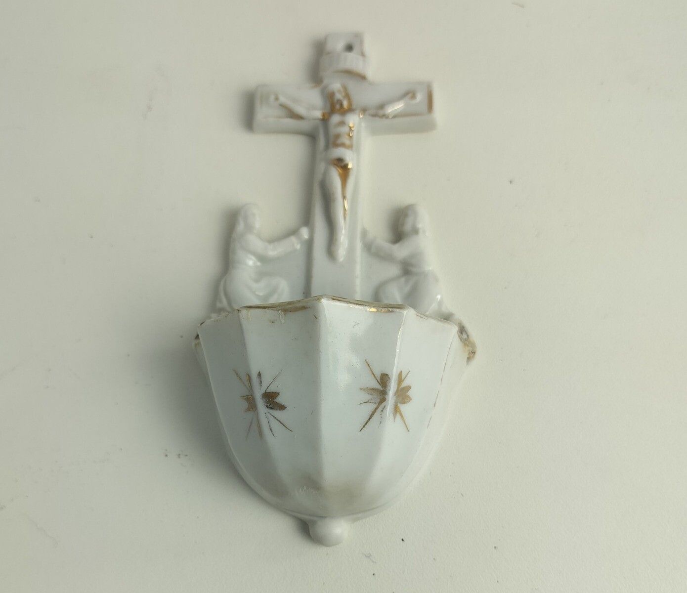 Small Antique Gorgeous Holy Water Font Bisque Porcelain Wall Hanging Vessel Cruc