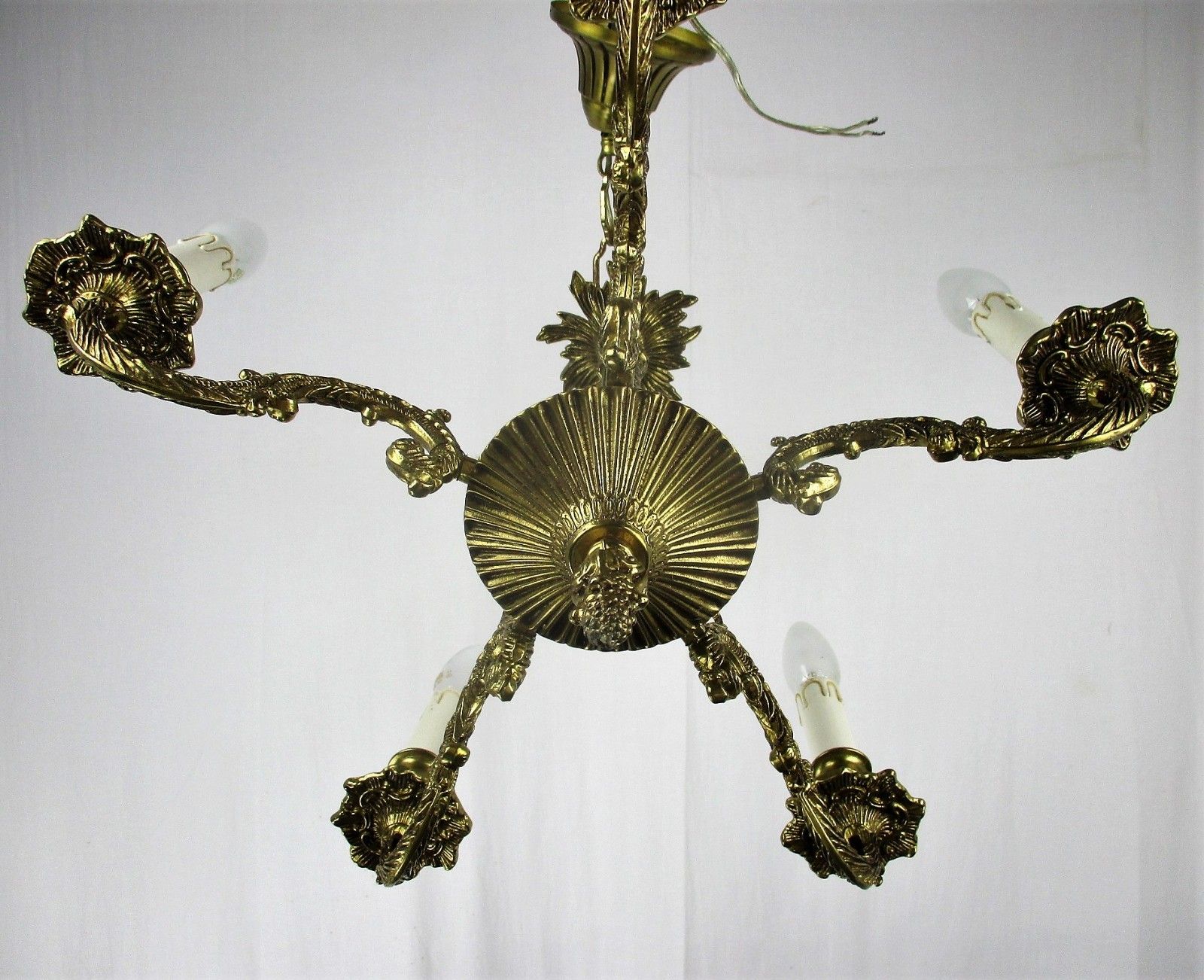 334.0 French Hollywood Regency Embossed Brass Chandelier Ornate 6 Lights Grapes Lovely photo