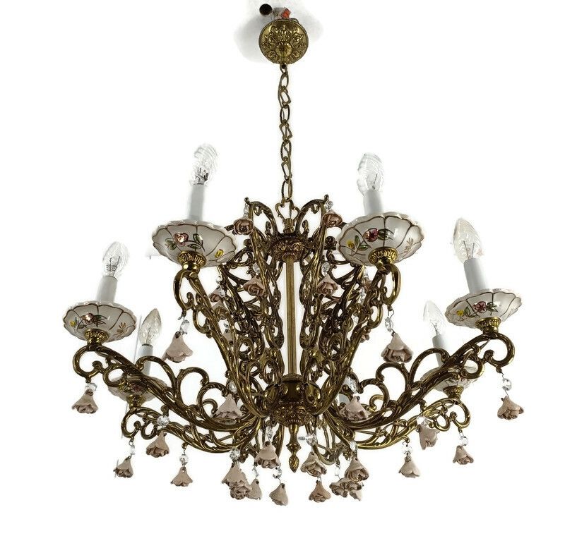 Impressive Chandelier Brass  Porcelain Flowers Prisms 8 Arm Lights Wow