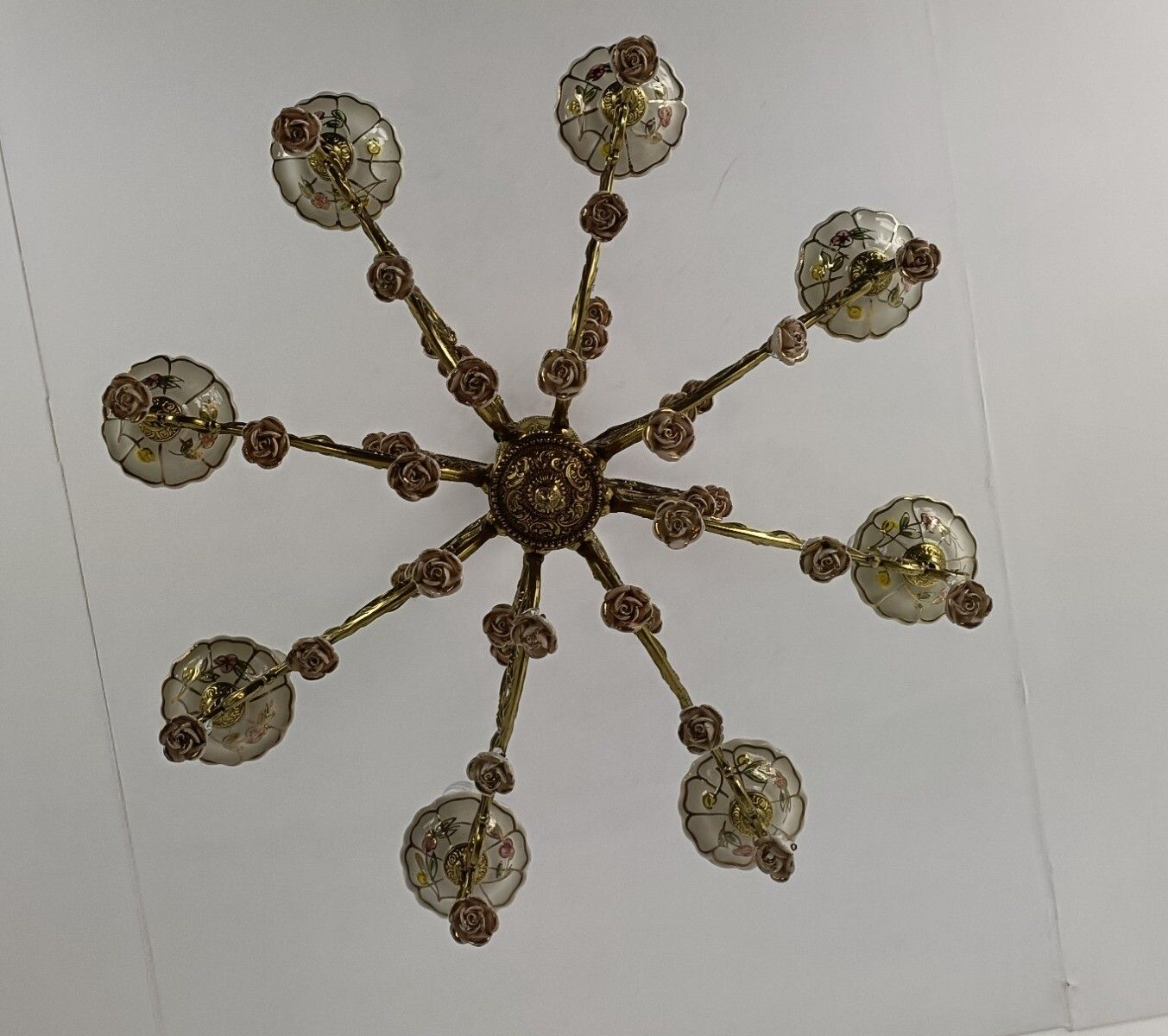 Impressive Chandelier Brass  Porcelain Flowers Prisms 8 Arm Lights Wow photo for sale