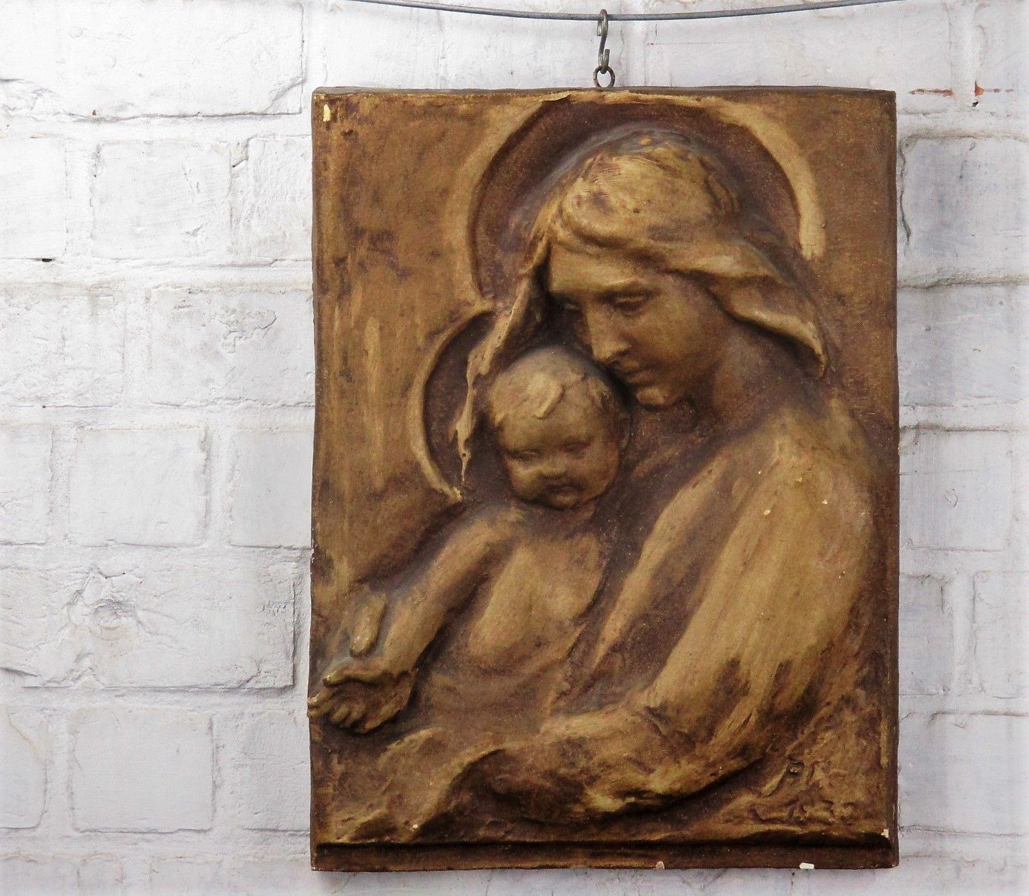 Wall Plaque Tile Plaster Mother Mary With Infant Child Tenderness Signed 17.32"