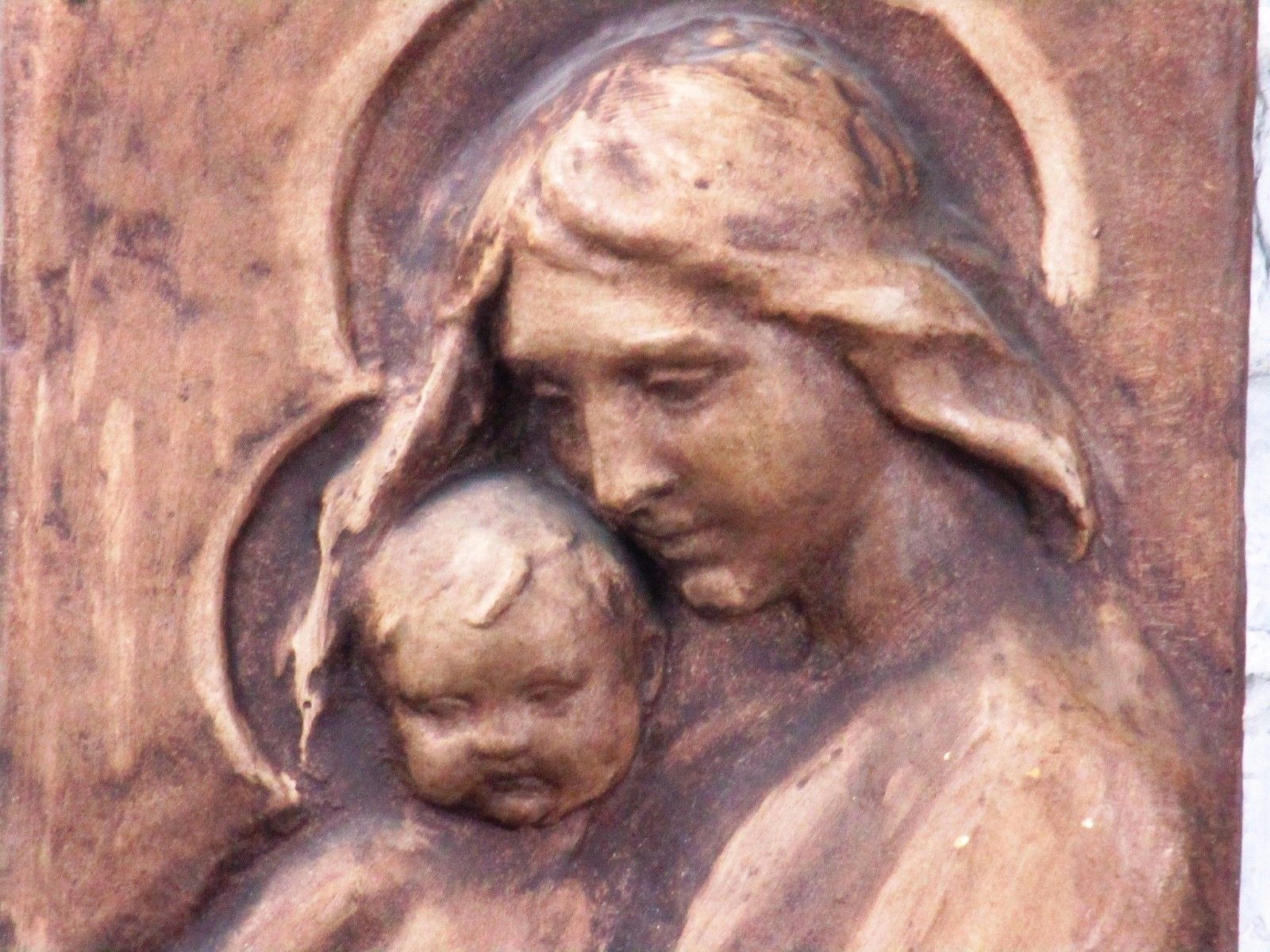 Wall Plaque Tile Plaster Mother Mary With Infant Child Tenderness Signed 17.32" photo for sale
