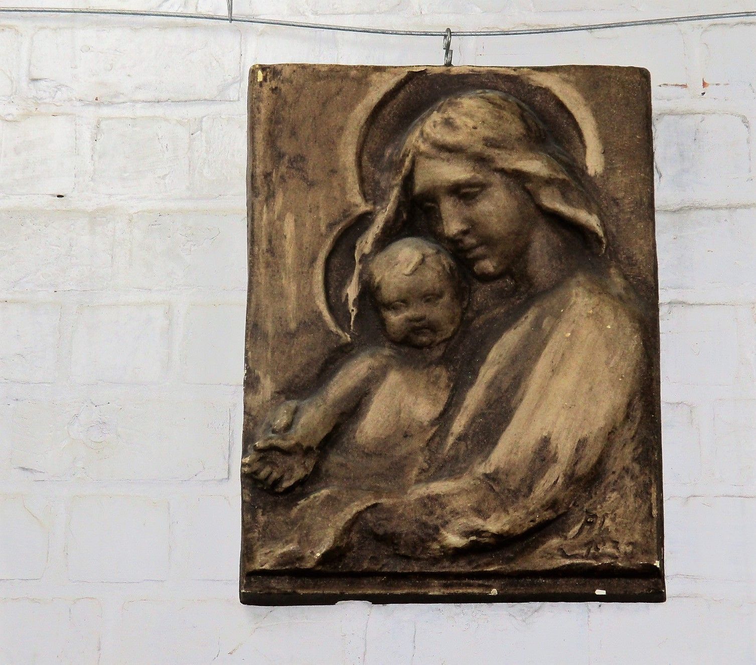 Wall Plaque Tile Plaster Mother Mary With Infant Child Tenderness Signed 17.32" photo Art