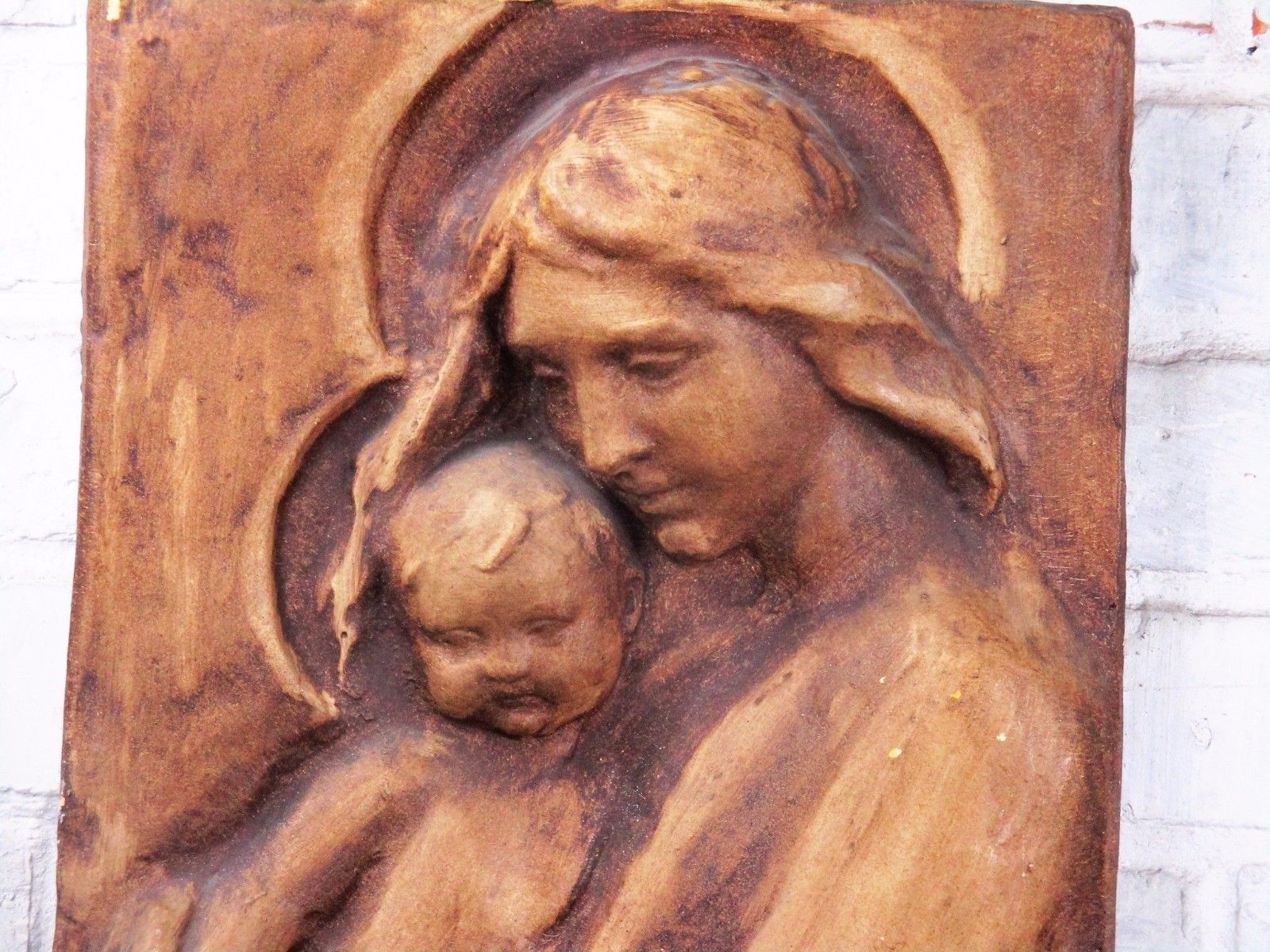 Wall Plaque Tile Plaster Mother Mary With Infant Child Tenderness Signed 17.32" photo 130.0