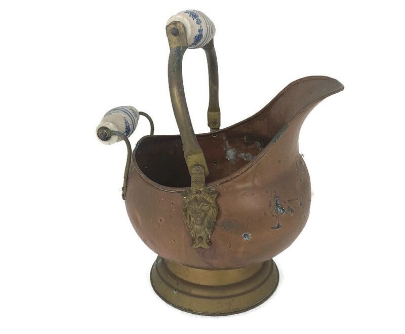 Antique Hammered Brass Kettle Bowl With Delft Blue White Porcelain Handles Plant