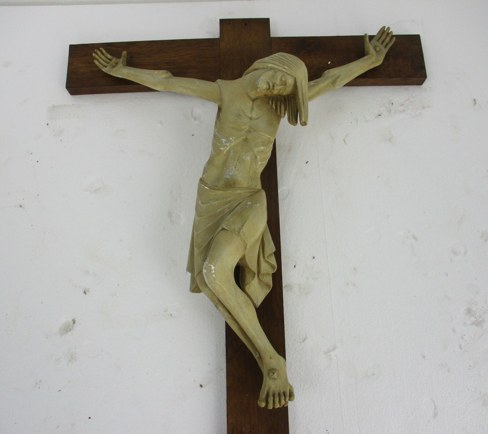 Xl Wood Hanging Crucifix Plaster Corpus Van Der Meeren Very Dramatic Wow photo for sale