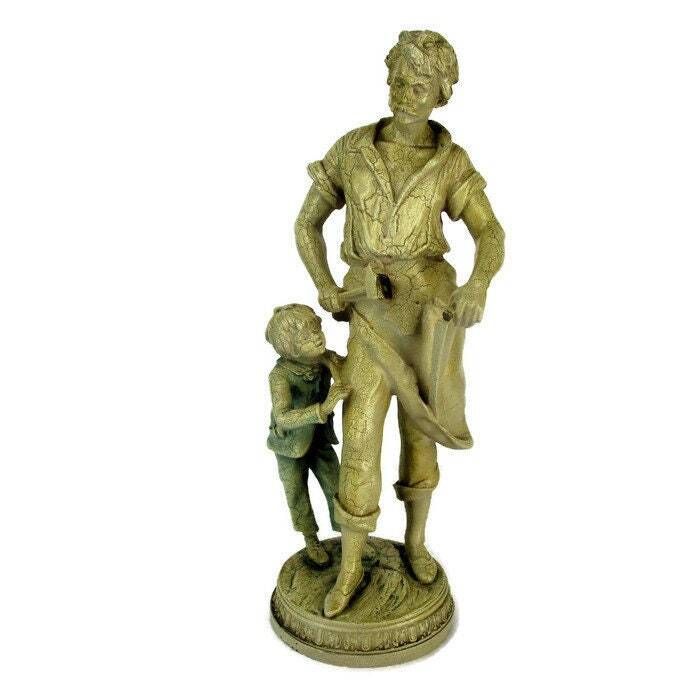 Large Statue Father And Son Resin Crackled White Backpack Little Boy Traveling S
